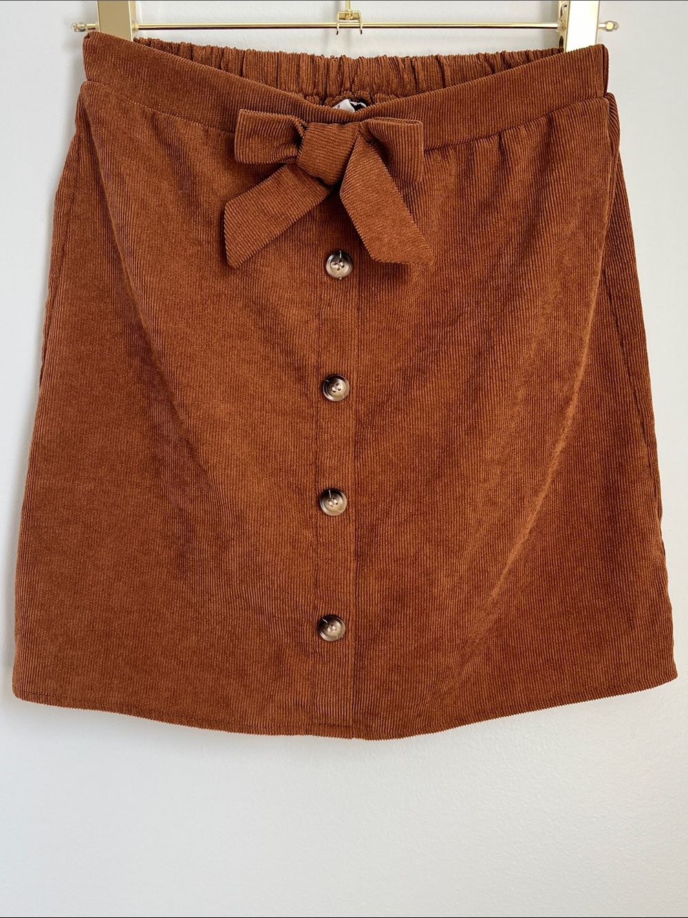 Brown Corduroy Skirt Bow Tie at Waist Faux Button-Front Size 12 Years